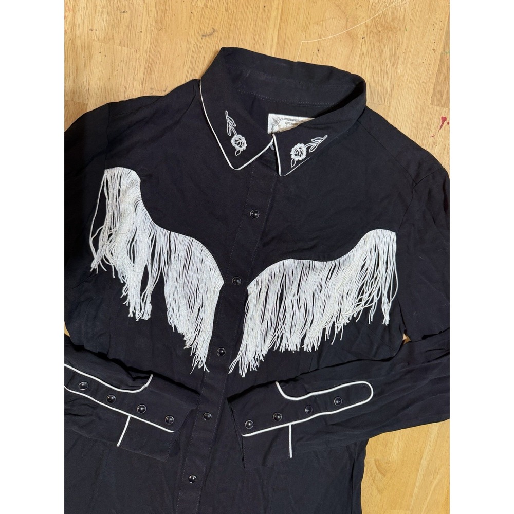 Wrangler Shirt Womens Small Black White Fringe Embroidered Western Cowgirl Snap